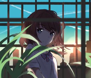 Preview wallpaper girl, glance, leaves, plant, sunset, anime, art