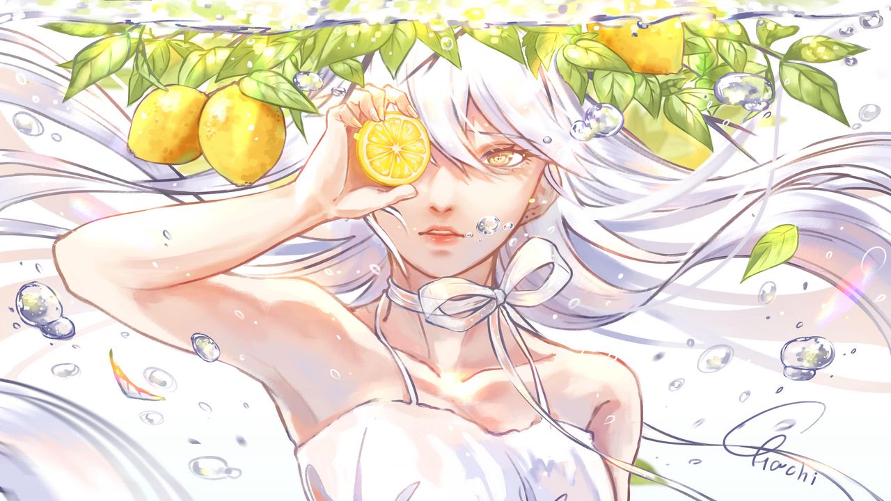 Wallpaper girl, glance, lemons, fruit, anime, art