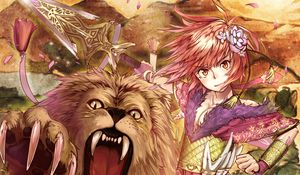 Preview wallpaper girl, glance, lion, grin, anime, art