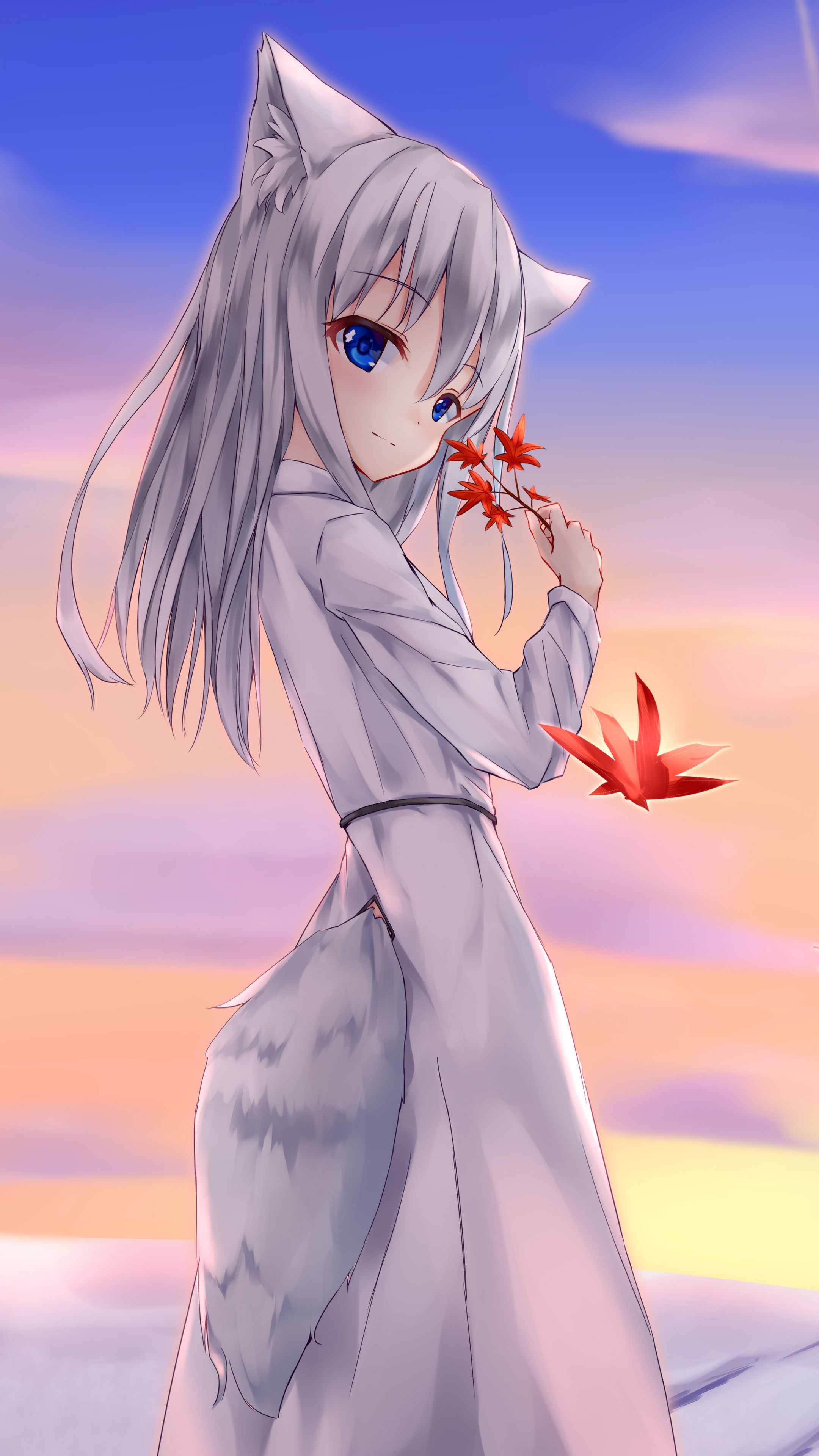 Download Wallpaper 2160x3840 Girl, Glance, Neko, Tail, Leaves, Anime 