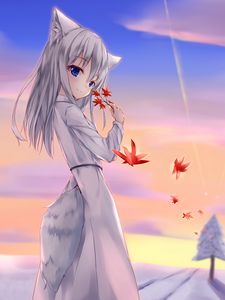 Preview wallpaper girl, glance, neko, tail, leaves, anime