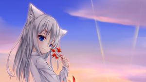 Preview wallpaper girl, glance, neko, tail, leaves, anime