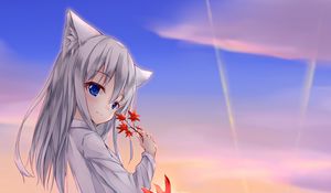 Preview wallpaper girl, glance, neko, tail, leaves, anime