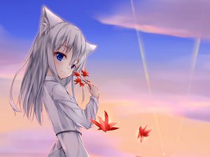 Preview wallpaper girl, glance, neko, tail, leaves, anime