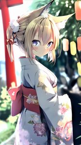 Preview wallpaper girl, glance, neko, ears, kimono, anime