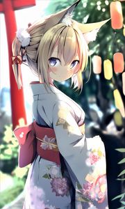 Preview wallpaper girl, glance, neko, ears, kimono, anime