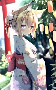 Preview wallpaper girl, glance, neko, ears, kimono, anime