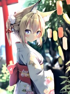 Preview wallpaper girl, glance, neko, ears, kimono, anime