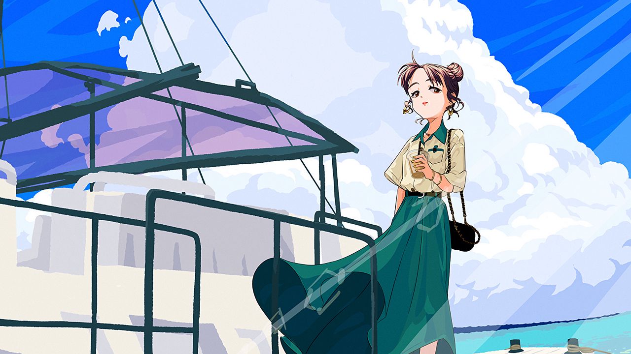 Wallpaper girl, glance, pier, sea, anime, art