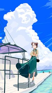 Preview wallpaper girl, glance, pier, sea, anime, art