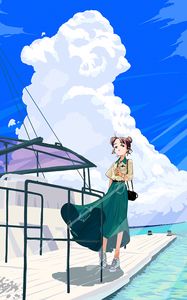 Preview wallpaper girl, glance, pier, sea, anime, art