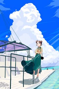 Preview wallpaper girl, glance, pier, sea, anime, art