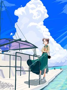 Preview wallpaper girl, glance, pier, sea, anime, art