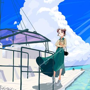 Preview wallpaper girl, glance, pier, sea, anime, art