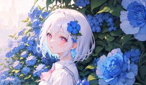 Preview wallpaper girl, glance, portrait, flowers, anime