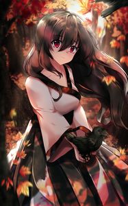 Preview wallpaper girl, glance, sad, raven, bird, autumn, anime