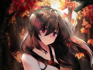 Preview wallpaper girl, glance, sad, raven, bird, autumn, anime