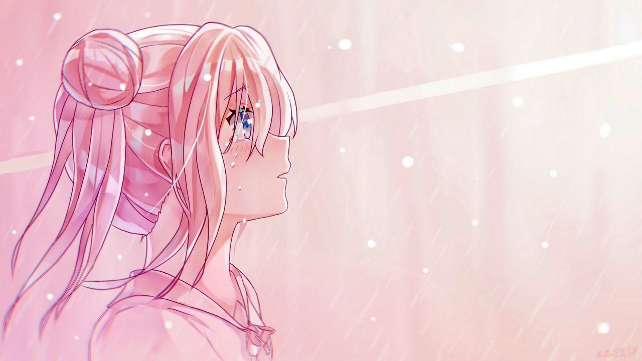 Wallpaper girl, glance, sad, tears, anime, art, pink