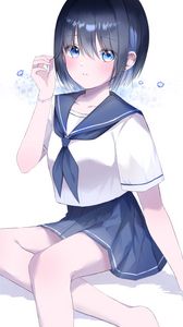 Preview wallpaper girl, glance, sailor suit, anime, art, blue