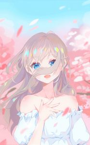 Preview wallpaper girl, glance, sakura, petals, anime, art, cartoon