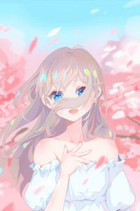 Preview wallpaper girl, glance, sakura, petals, anime, art, cartoon