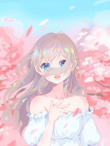 Preview wallpaper girl, glance, sakura, petals, anime, art, cartoon