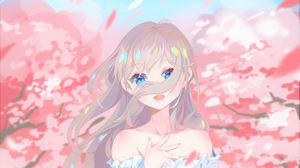 Preview wallpaper girl, glance, sakura, petals, anime, art, cartoon