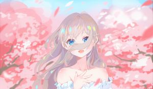 Preview wallpaper girl, glance, sakura, petals, anime, art, cartoon