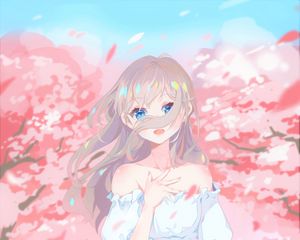 Preview wallpaper girl, glance, sakura, petals, anime, art, cartoon