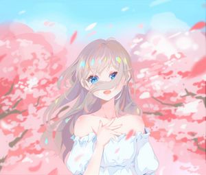 Preview wallpaper girl, glance, sakura, petals, anime, art, cartoon