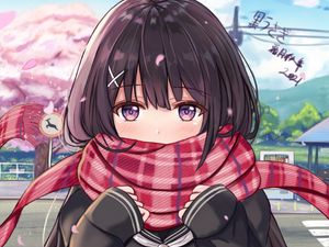 Preview wallpaper girl, glance, scarf, anime, art, cute