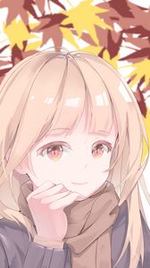 Preview wallpaper girl, glance, scarf, leaves, autumn, anime