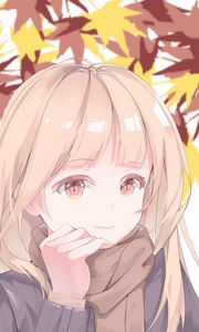 Preview wallpaper girl, glance, scarf, leaves, autumn, anime