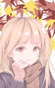 Preview wallpaper girl, glance, scarf, leaves, autumn, anime