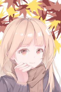 Preview wallpaper girl, glance, scarf, leaves, autumn, anime