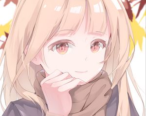 Preview wallpaper girl, glance, scarf, leaves, autumn, anime