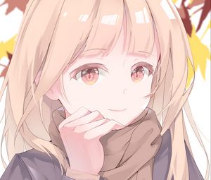 Preview wallpaper girl, glance, scarf, leaves, autumn, anime