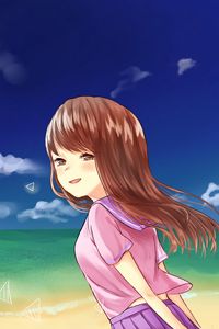 Preview wallpaper girl, glance, sea, beach, anime