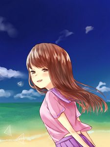 Preview wallpaper girl, glance, sea, beach, anime