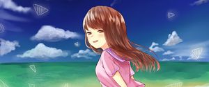 Preview wallpaper girl, glance, sea, beach, anime