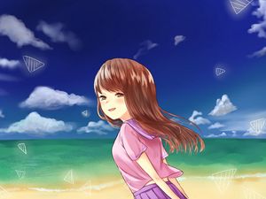 Preview wallpaper girl, glance, sea, beach, anime