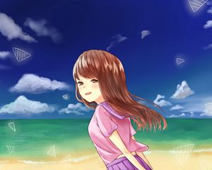 Preview wallpaper girl, glance, sea, beach, anime