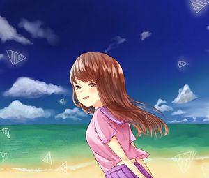 Preview wallpaper girl, glance, sea, beach, anime
