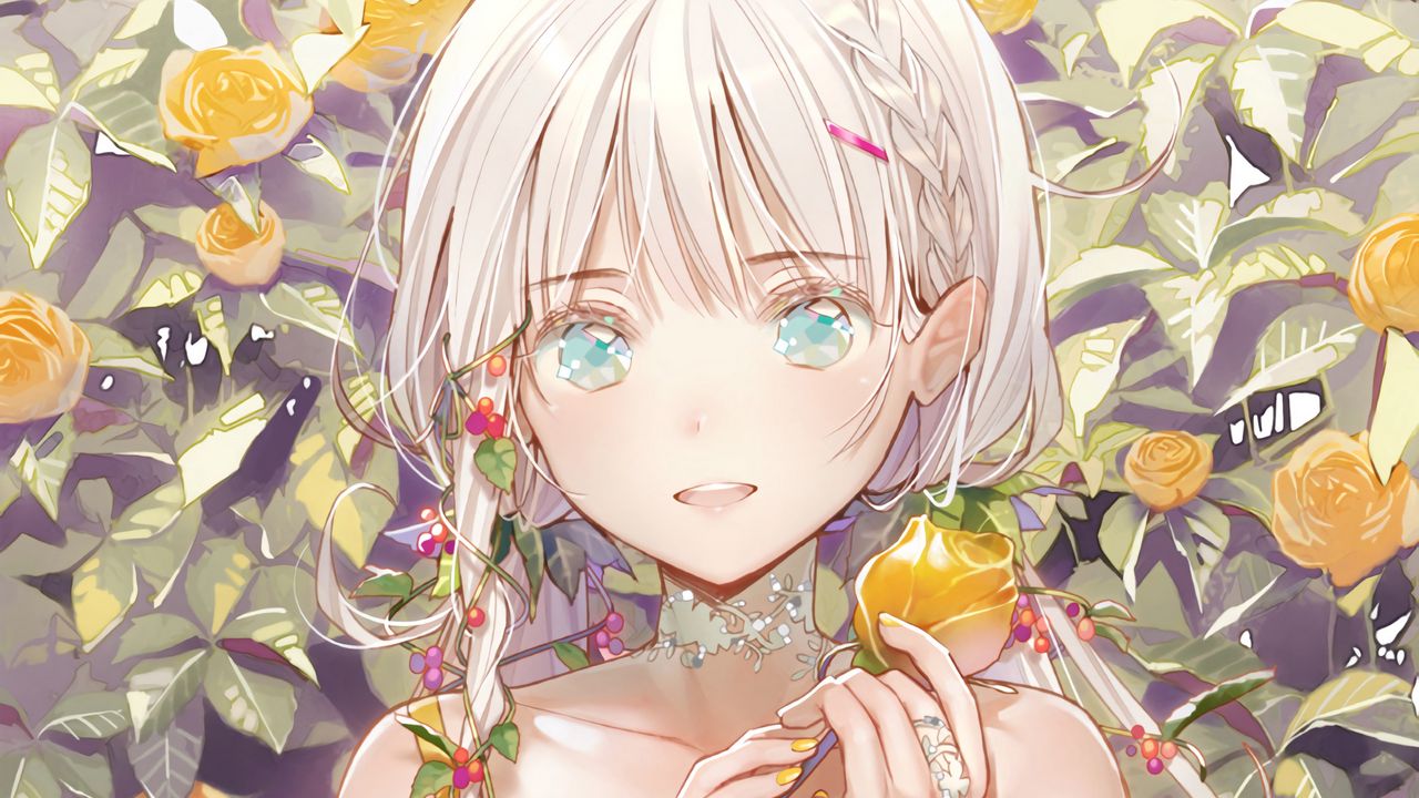 Wallpaper girl, glance, smile, flower, anime