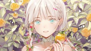 Preview wallpaper girl, glance, smile, flower, anime