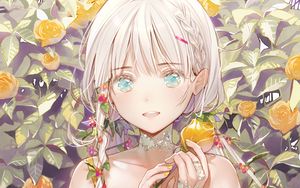 Preview wallpaper girl, glance, smile, flower, anime
