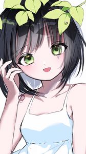 Preview wallpaper girl, glance, smile, leaves, anime, art