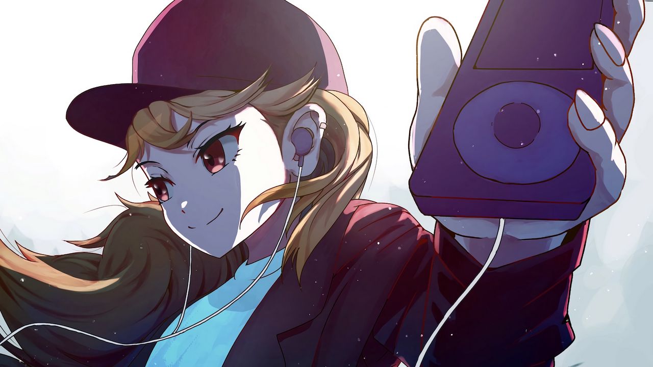 Wallpaper girl, glance, smile, headphones, music, anime