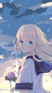 Preview wallpaper girl, glance, smile, clouds, anime, art