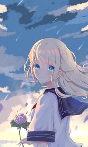 Preview wallpaper girl, glance, smile, clouds, anime, art